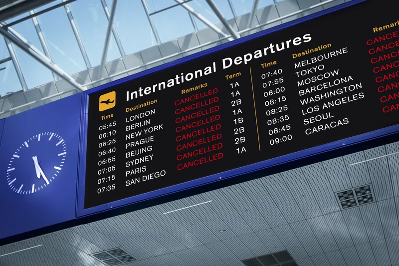 An airport departures board showing flight times